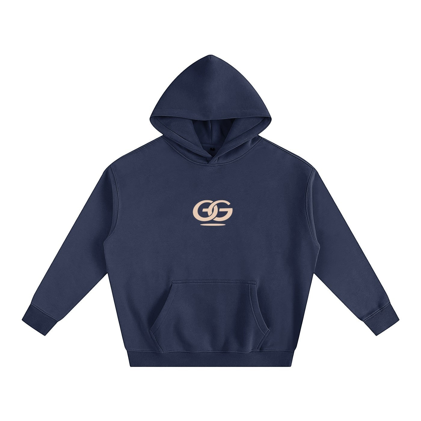 Greater Good navy blue oversized fleeced hoodie with drop shoulders and a front pouch pocket, featuring a subtle beige GG logo.