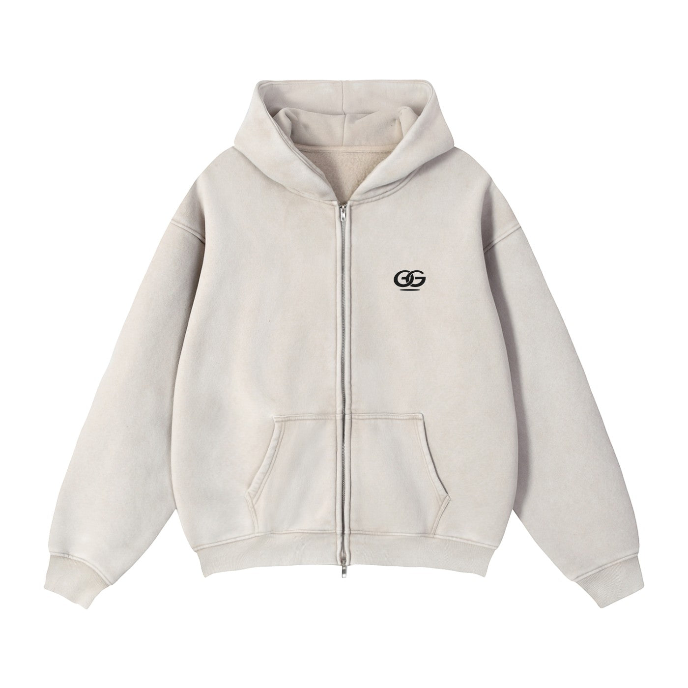 Greater Good unisex loose fit zip-through fleece hoodie in off-white with a black embroidered logo on the chest and a front pouch pocket.