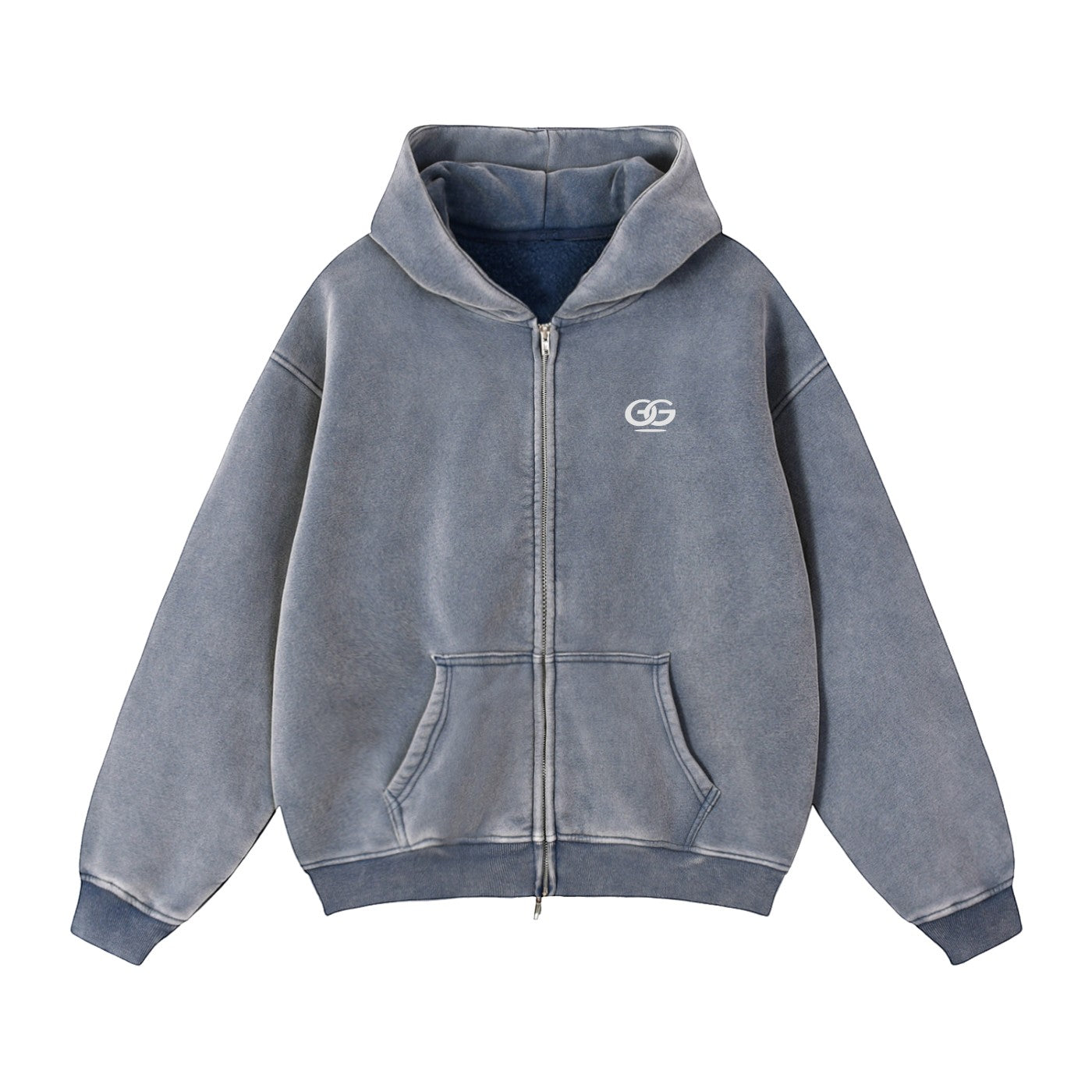 Greater Good unisex loose fit zip-through hoodie in washed blue cotton blend with drop shoulders and front pocket.