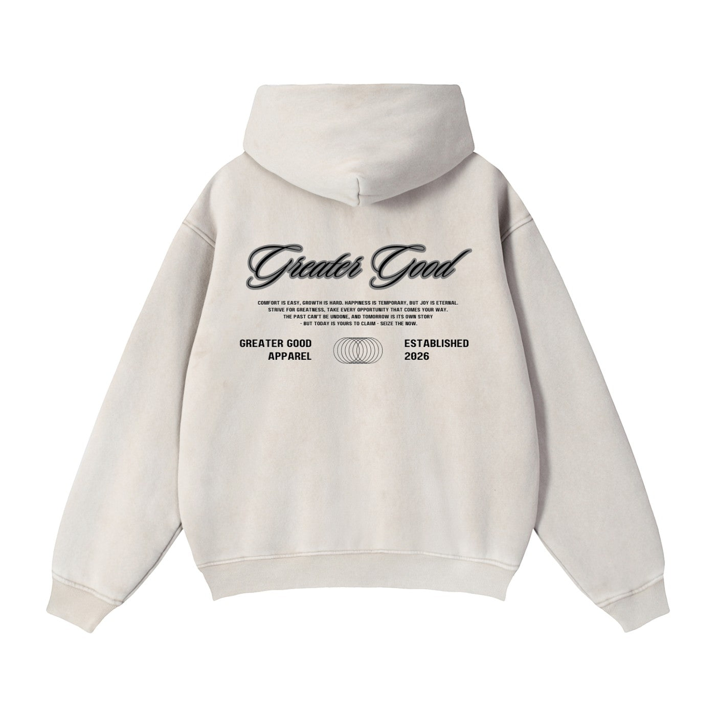 Greater Good unisex loose fit beige cotton blend zip-through hoodie with graphic print on back.