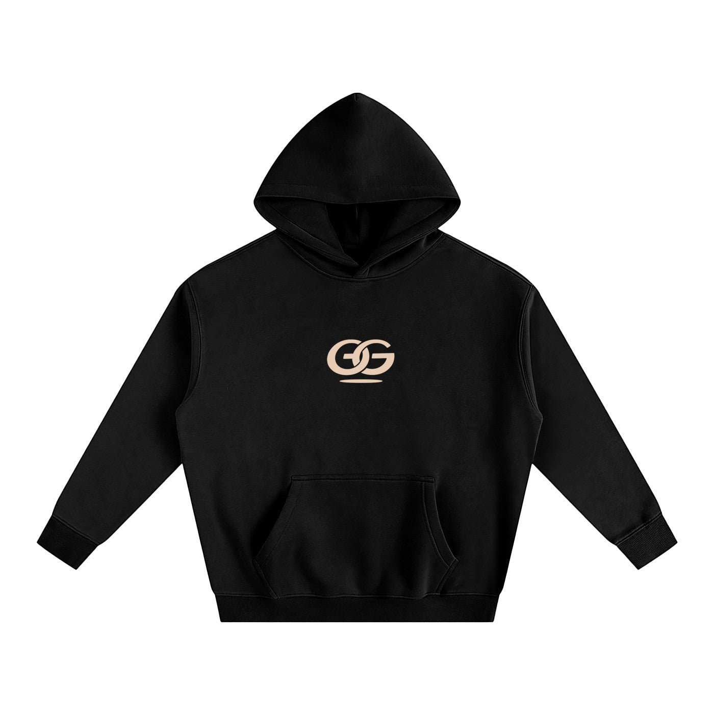 Greater Good black oversized fleeced hoodie with a drop shoulder, long sleeves, and a front pouch pocket. Features a subtle GG logo on the chest.