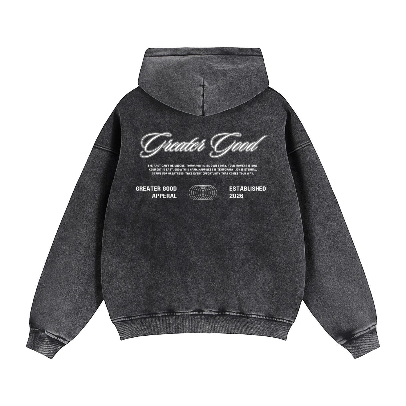 Greater Good dark grey washed cotton blend zip-through hoodie with graphic print on back.