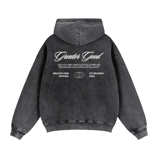 Greater Good dark grey washed cotton blend zip-through hoodie with graphic print on back.
