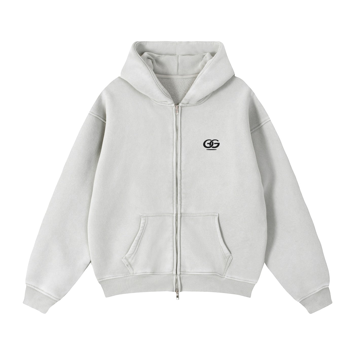 Greater Good unisex loose-fit zip-through hoodie in light grey, made from a cotton blend with a black GG logo on the chest and a front pouch pocket.