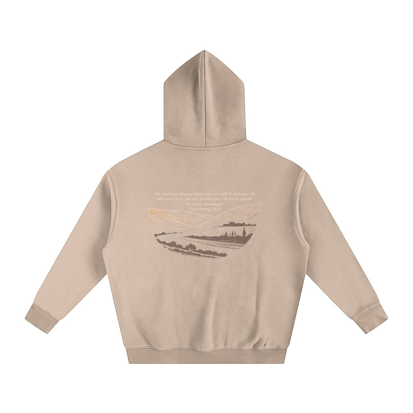 Greater Good beige oversized fleeced hoodie with a landscape graphic and biblical text on the back.