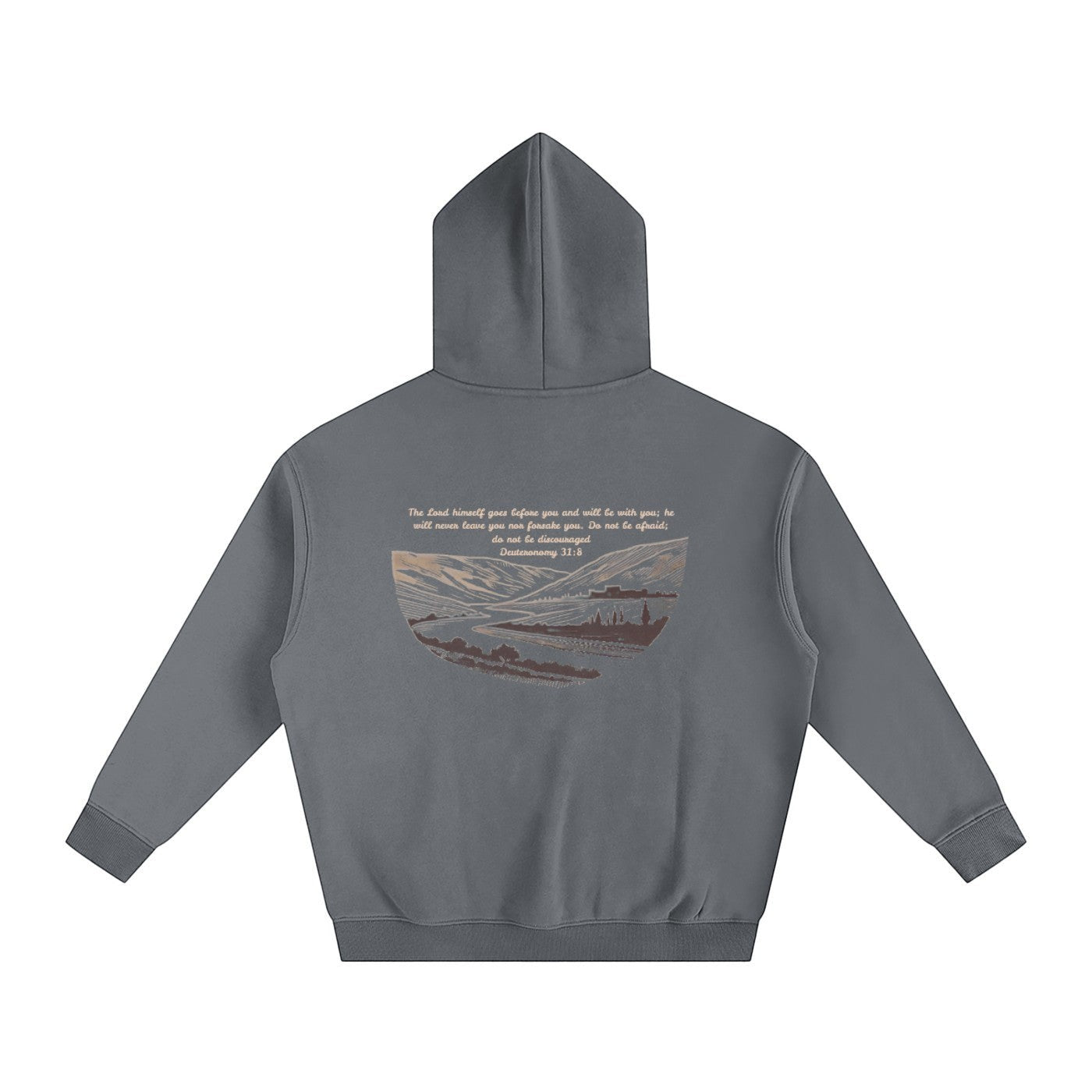 Greater Good charcoal grey oversized fleeced hoodie with a landscape graphic and Bible verse print on the back.