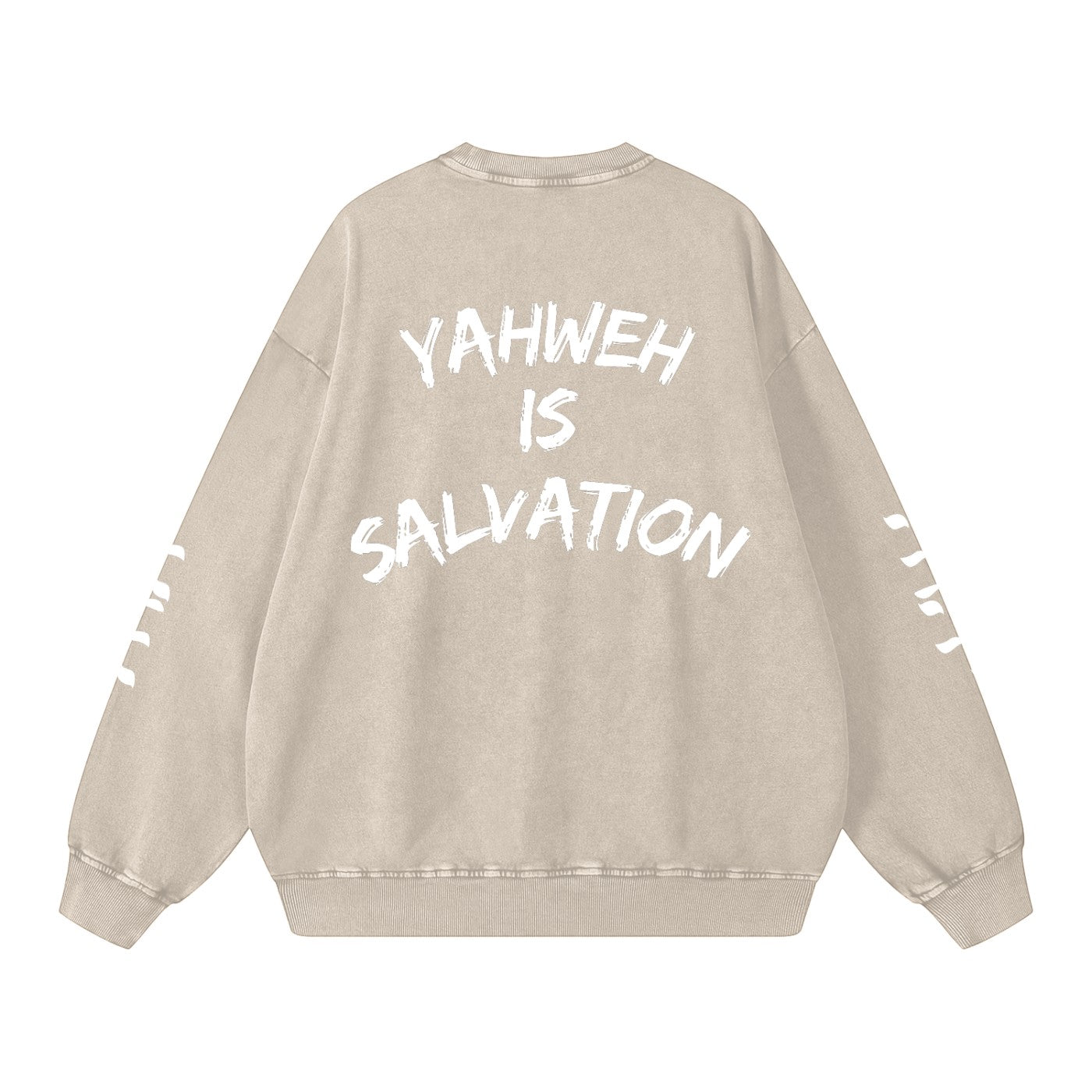 Greater Good beige "Snow Washed" oversized crewneck sweatshirt with "YAHWEH IS SALVATION" graphic print on back and sleeve.
