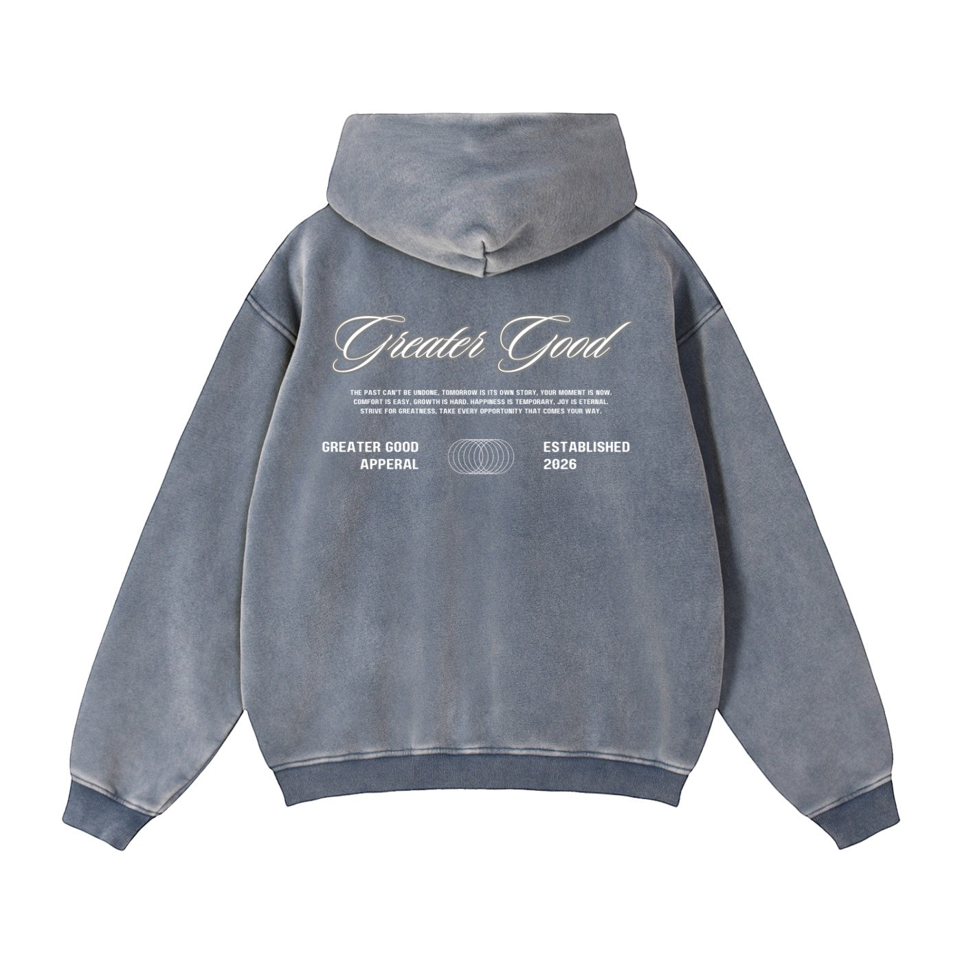 Greater Good unisex loose-fit washed blue cotton blend zip-through hoodie with graphic print on back.