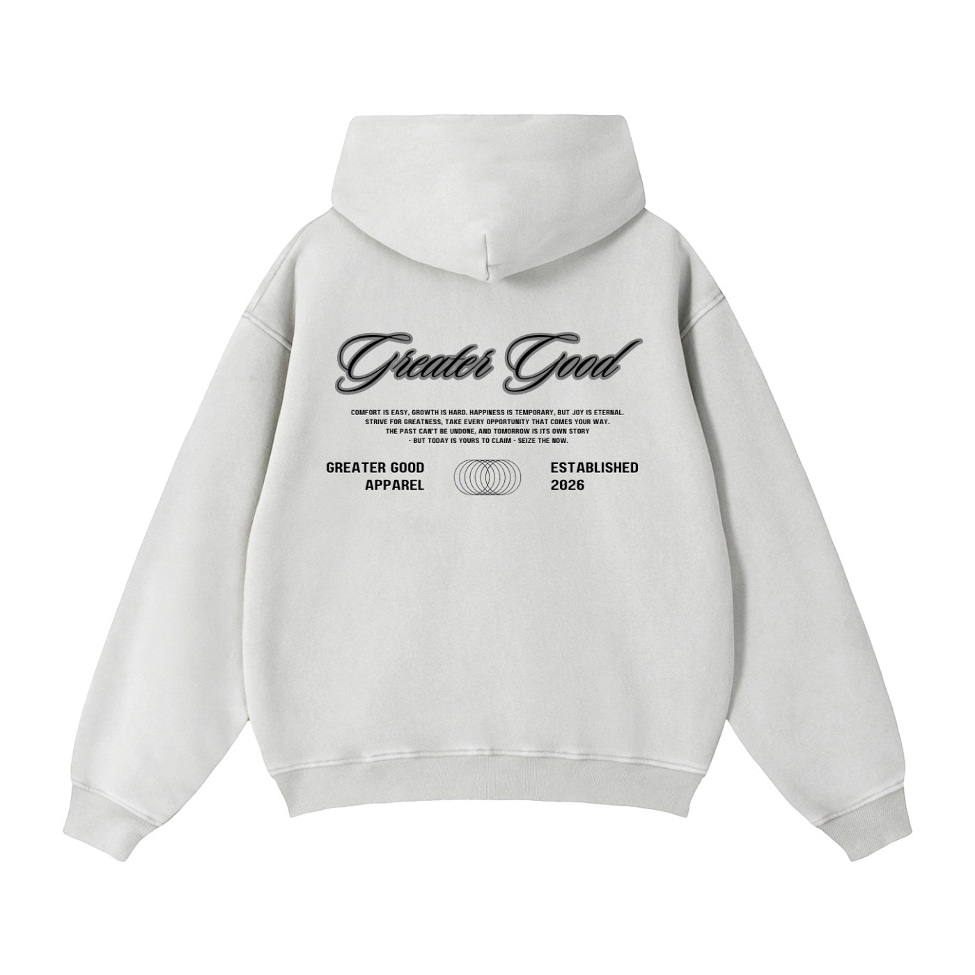 Greater Good white unisex loose fit zip-through fleece hoodie with graphic print on the back.