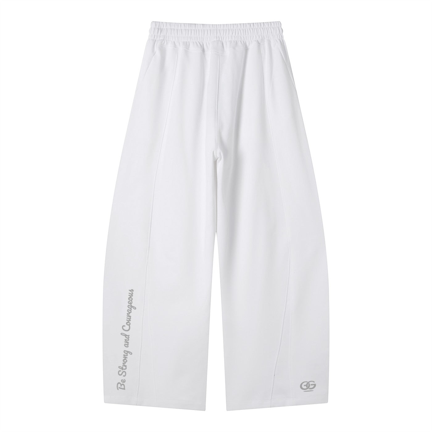Greater Good white wide-leg sweatpants with drawstring, elastic waist, pockets, and