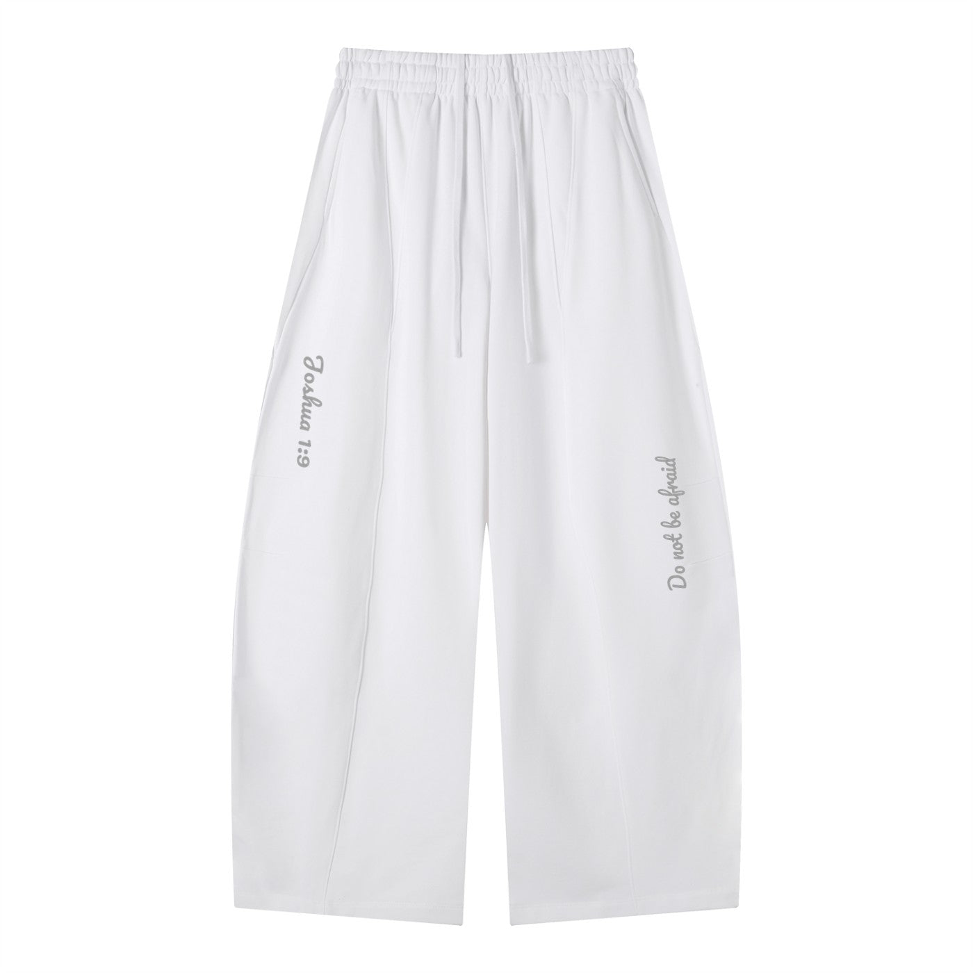 Greater Good white wide-leg sweatpants with drawstring and elastic waist, featuring
