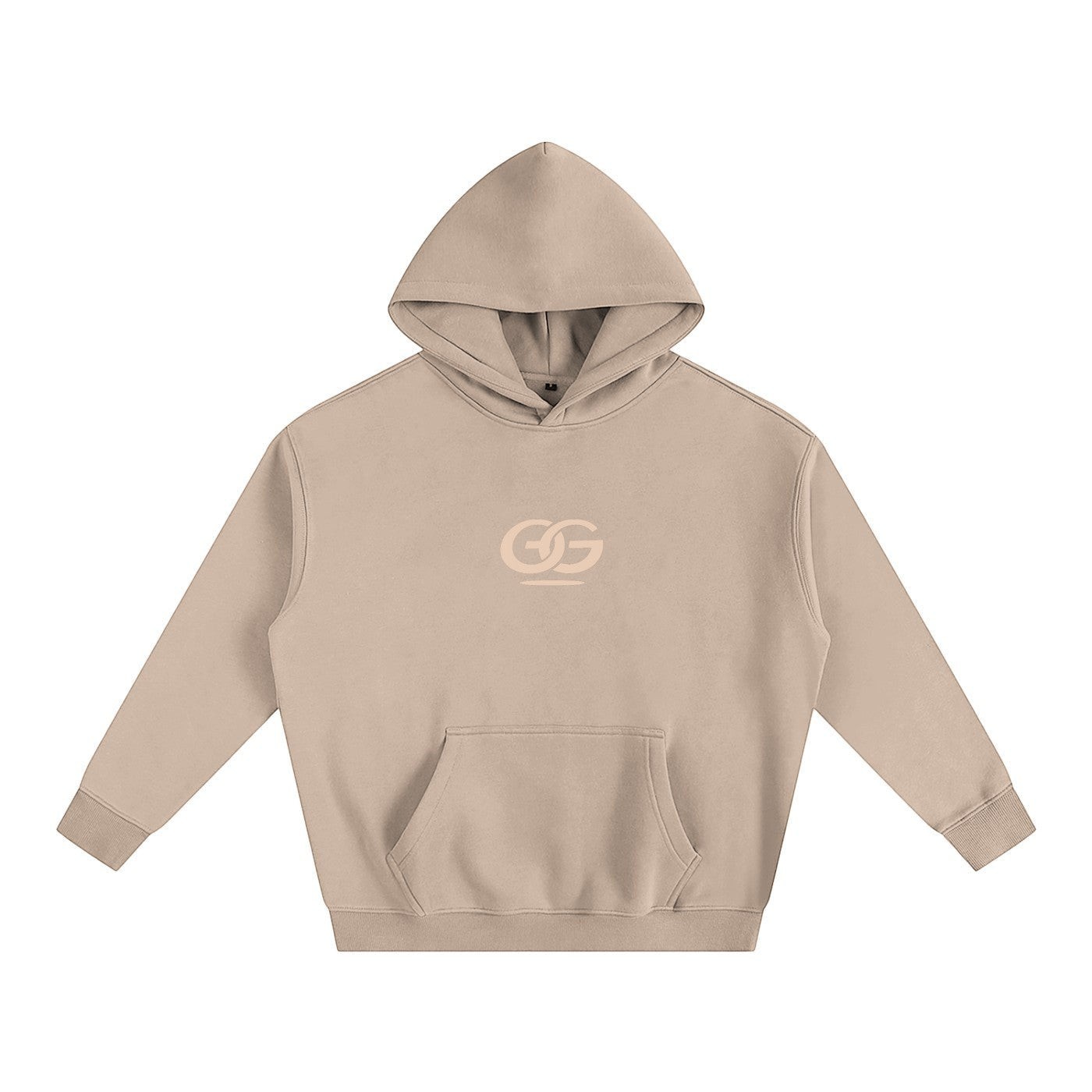 Greater Good beige oversized fleeced hoodie with drop shoulders and a front pocket. Features a subtle GG logo on the chest.