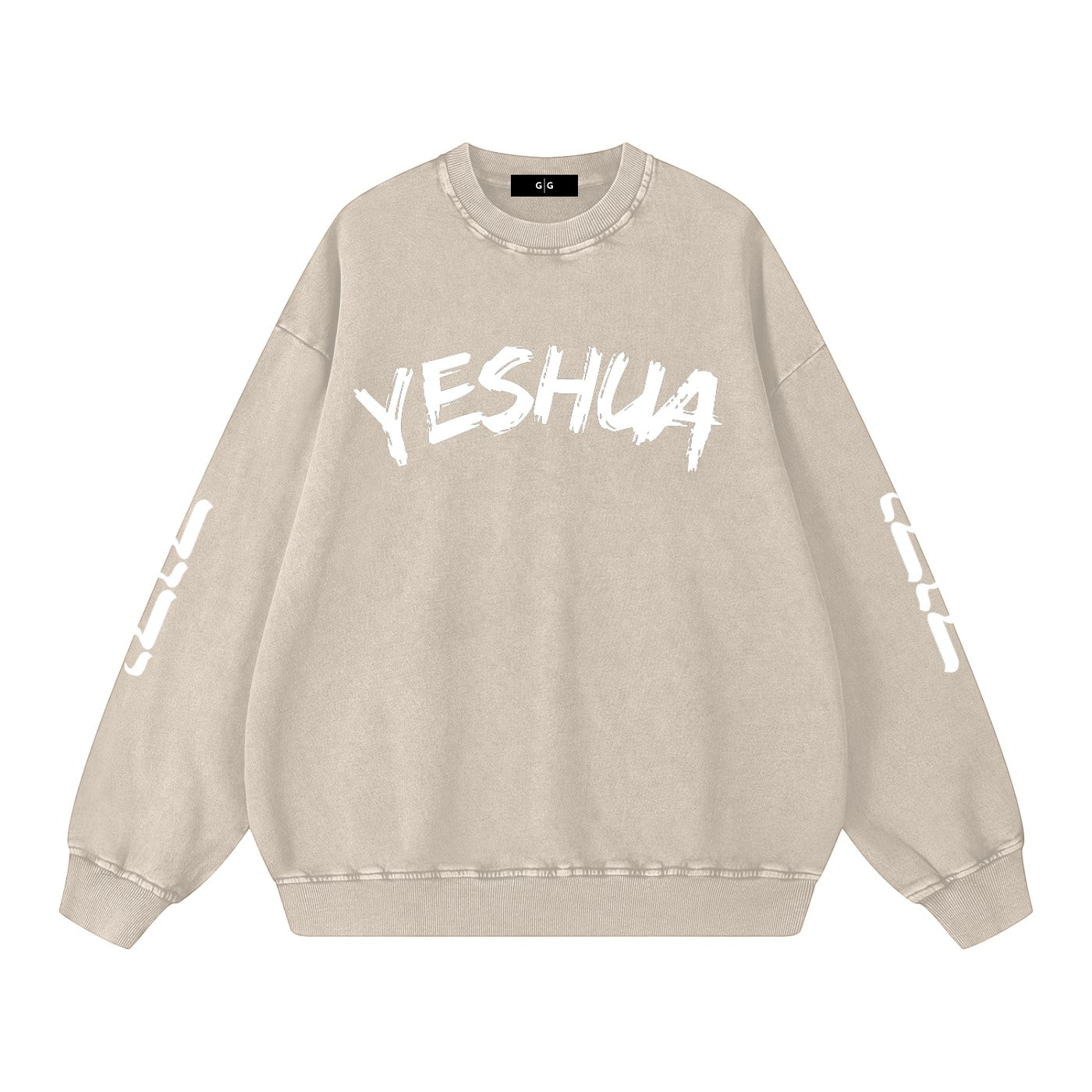 Greater Good beige "Snow Washed" oversized crewneck sweatshirt with white "YESHUA" graphic print on front and sleeve.