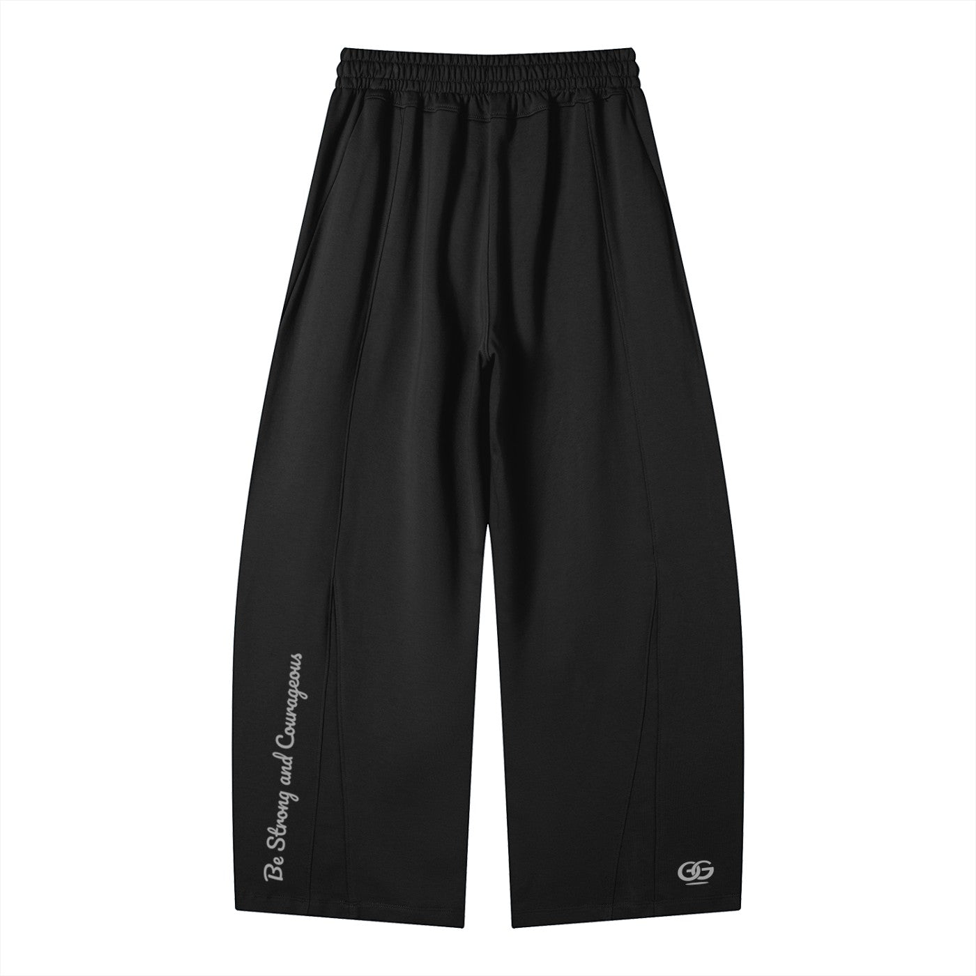 Greater Good black cotton blend wide-leg sweatpants with drawstring elastic waist and "Be Strong and Courageous" text detail.