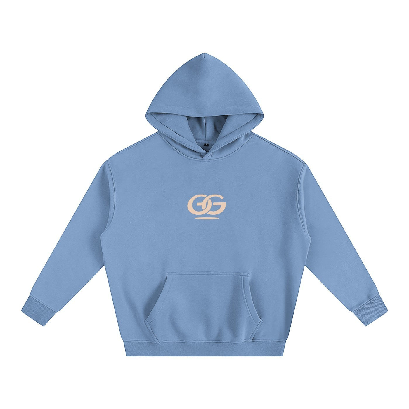 Greater Good light blue oversized fleeced hoodie with a drop shoulder and kangaroo pocket, featuring a beige GG logo on the chest.