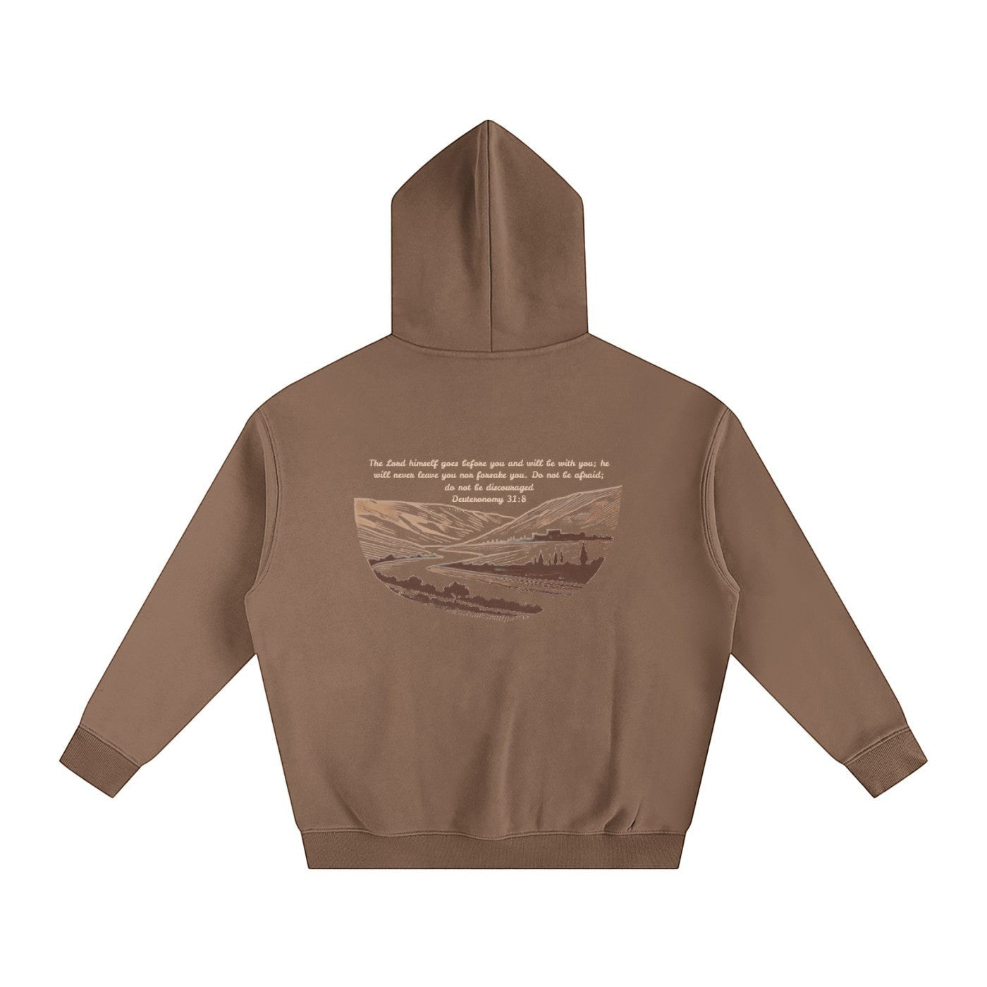 Greater Good brown unisex oversized fleeced hoodie with a landscape graphic and Bible verse on the back.