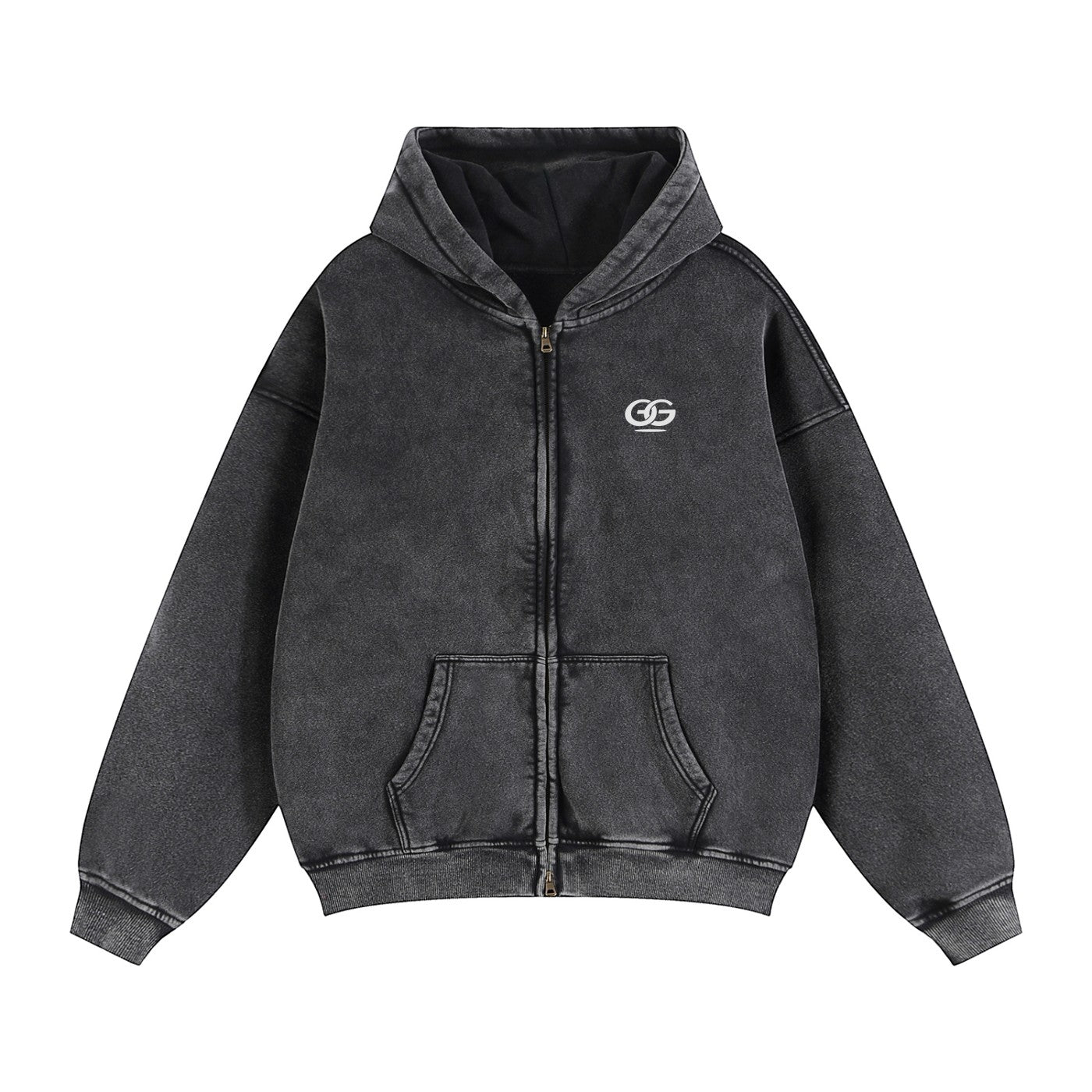 Greater Good unisex charcoal grey washed cotton blend zip-through hoodie with embroidered logo and front pocket.
