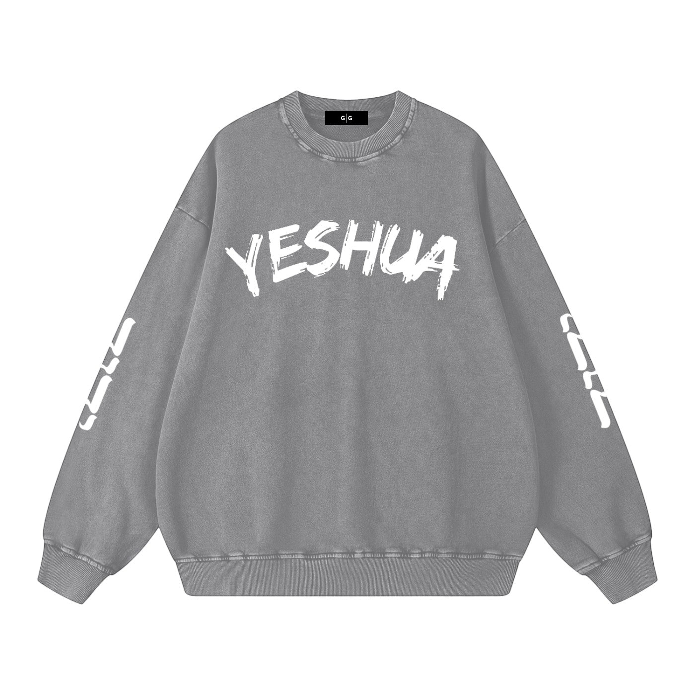 Greater Good grey "Snow Washed" oversized crewneck sweatshirt with "YESHUA" graphic print on front and sleeve details. Made of 100% cotton.