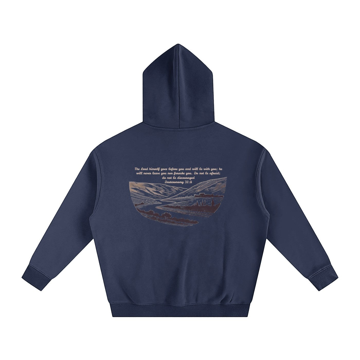 Greater Good navy blue unisex oversized fleeced hoodie with a graphic print of a landscape and text from Deuteronomy 31:8.