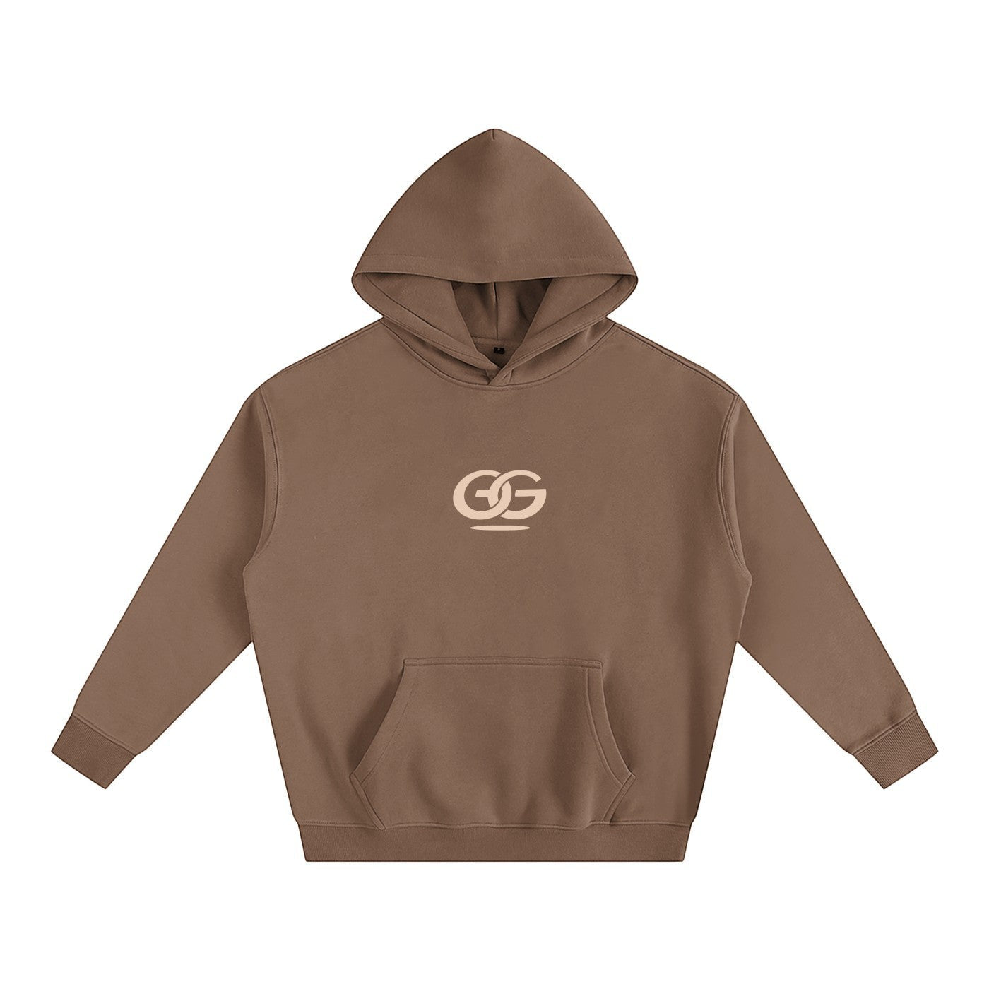 Greater Good oversized brown fleeced hoodie with drop shoulders, a front pocket, and a subtle GG logo.