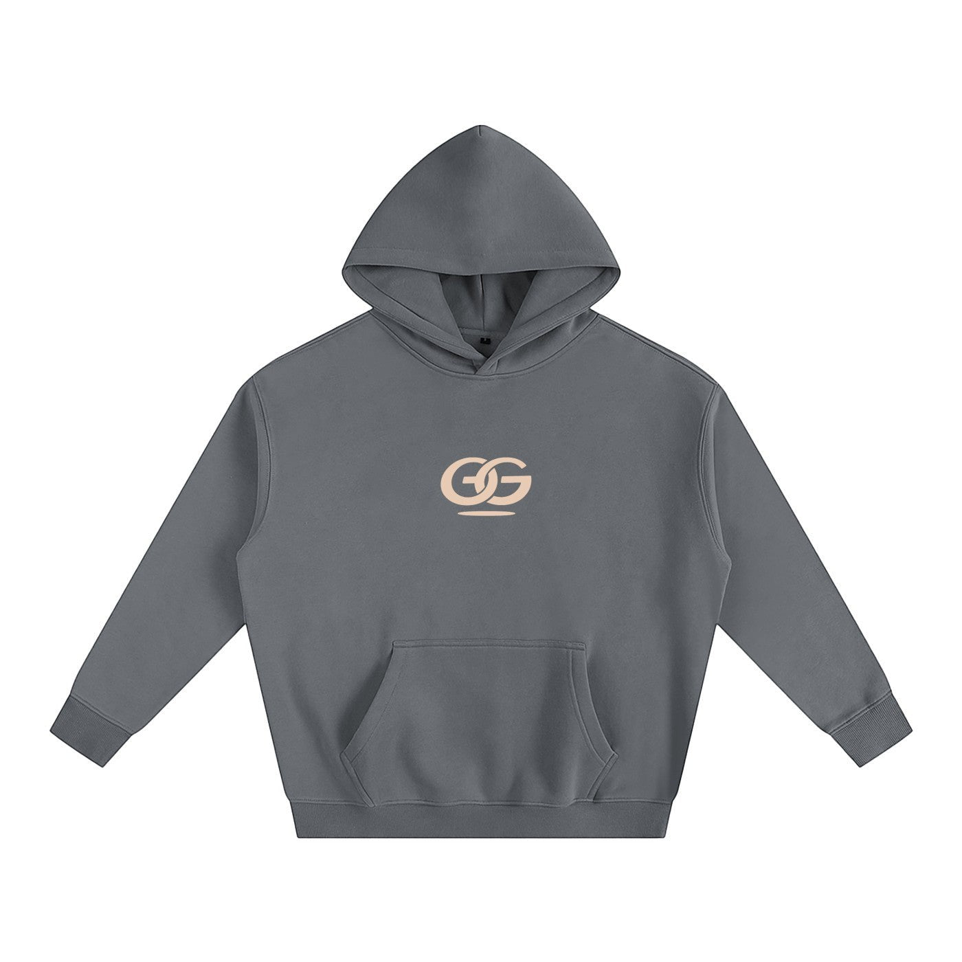 Greater Good charcoal grey oversized fleeced hoodie with a drop shoulder, hood, and front pocket. Features a subtle beige GG logo on the chest.