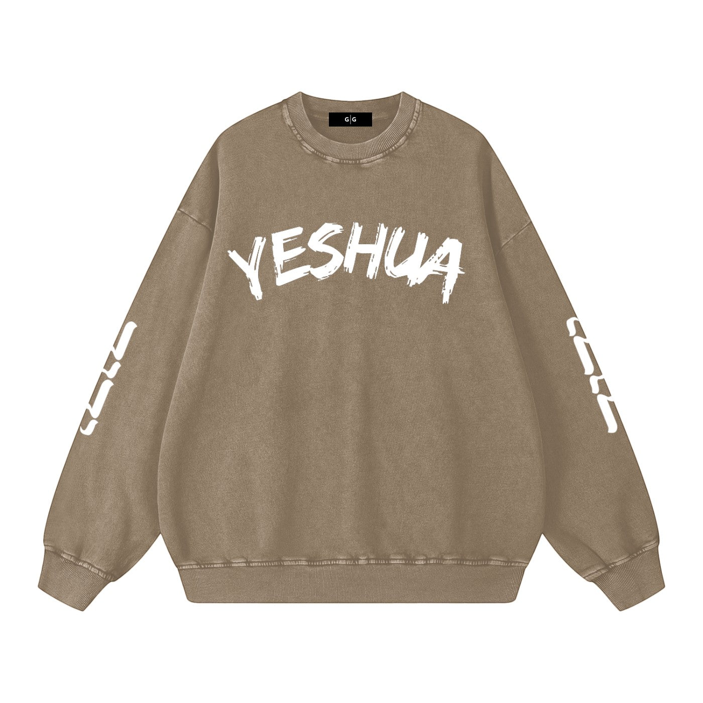 Greater Good "Snow Washed" oversized crewneck sweatshirt in taupe, 100% cotton, with white "YESHUA" graphic on front and sleeve details.