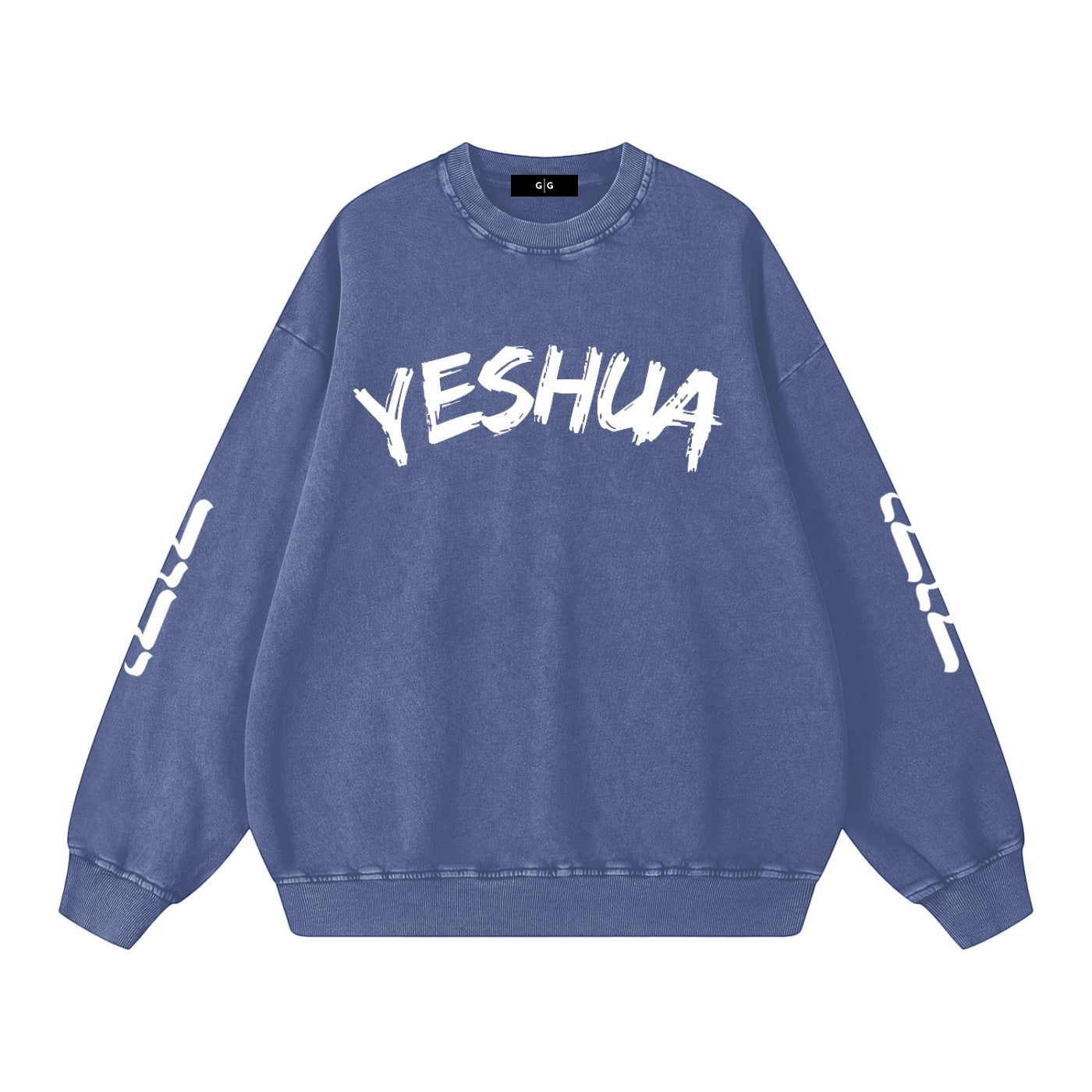 Greater Good unisex oversized crewneck sweatshirt in washed blue cotton with white "YESHUA" graphic on front and sleeve details.